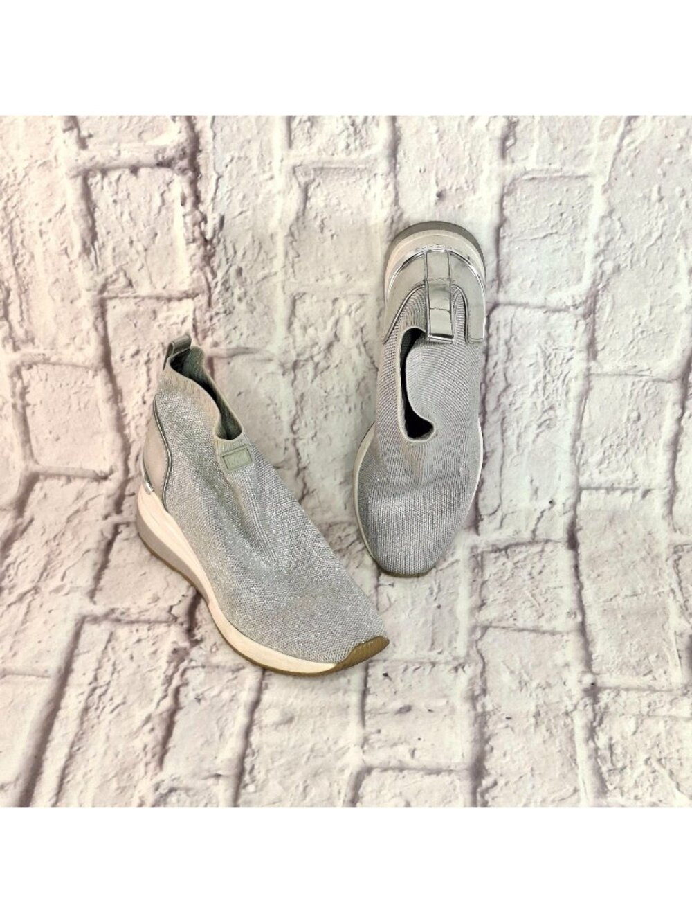 Michael Kors Women Bootie Sneakers Sz 7 Silver Glitter Knit Wedge Skylar Stretch
